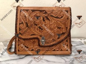 کیف چرم قهوه ای گل دار