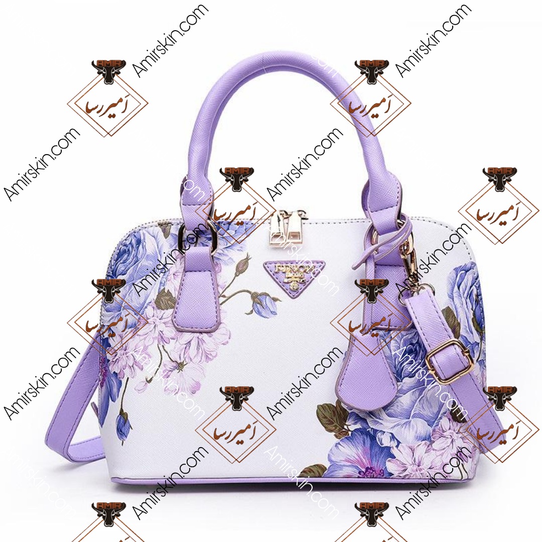 کیف چرم سفید و بنفش گل گلی
